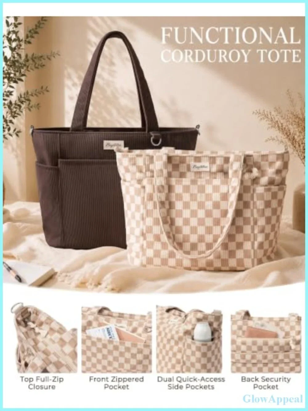 Corduroy Tote Bag for Women Teacher Nurse Work Laptop Purse with Bottle Holder
